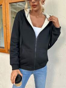 SHEIN Unity Zip Up Drawstring Thermal Lined Hoodie - Black - View 5