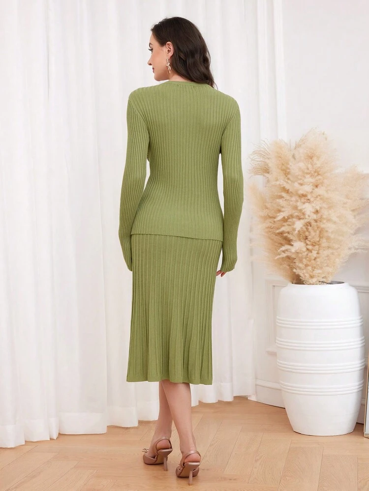 Solid Ribbed Knit Sweater & Knit Skirt 2 Piece Set Fall Cloth For Women