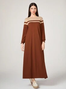 Graceveil Striped Print Tee Modest Long Sleeve Dress - Rust Brown - View 1