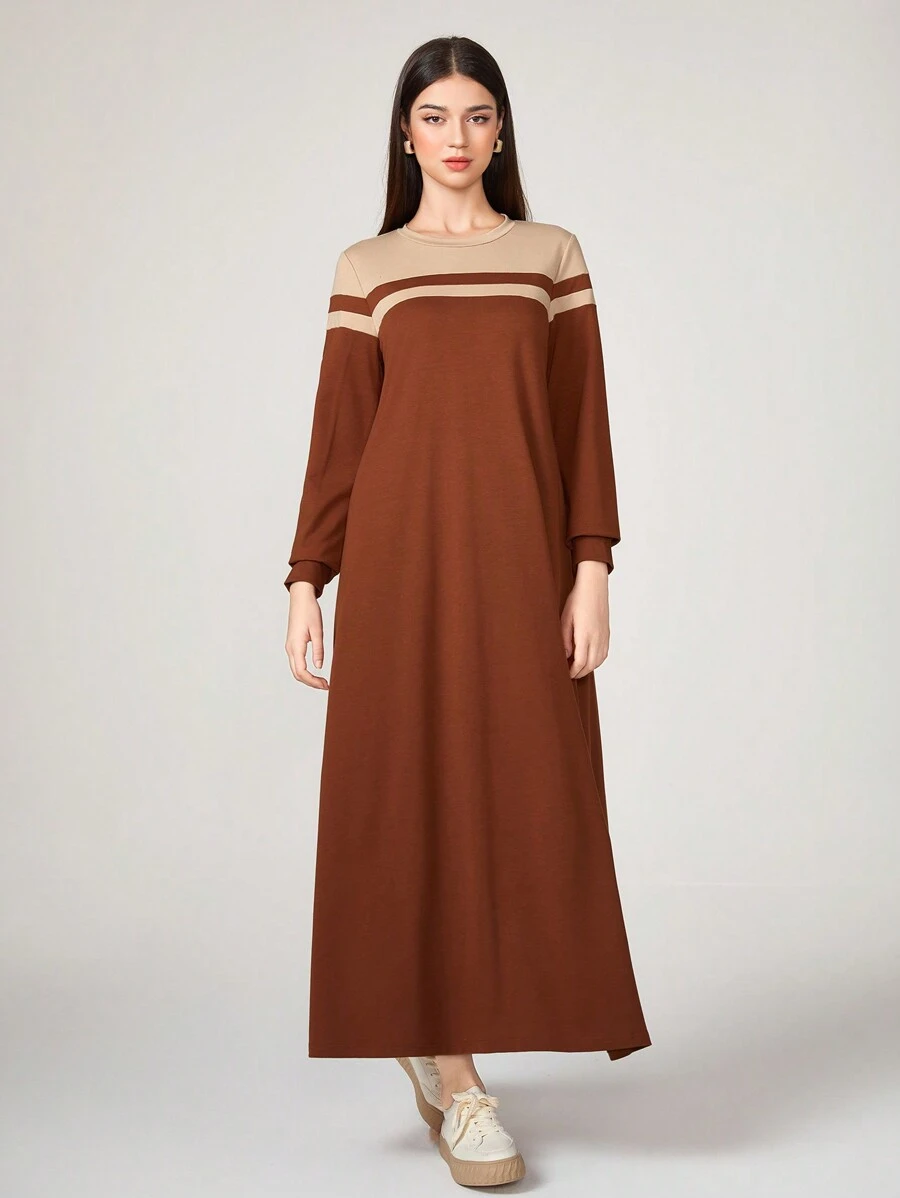 Graceveil Striped Print Tee Modest Long Sleeve Dress - Rust Brown - View 1