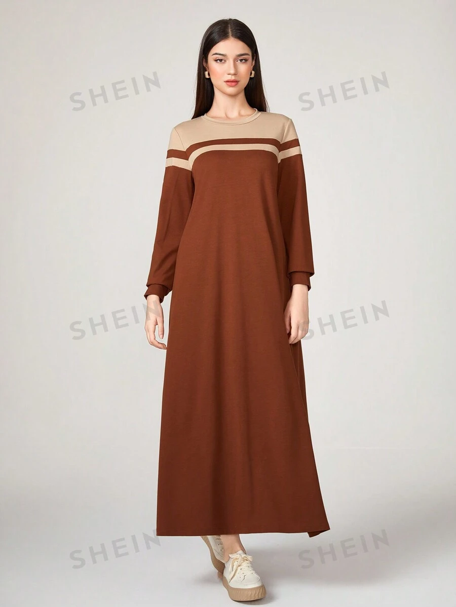 Graceveil Vestido de manga larga modesto con estampado a rayas - Óxido marrón - Ver 1