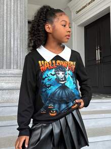 SHEIN Tween Girl Halloween Print Contrast Collar Sweatshirt - Black - View 6