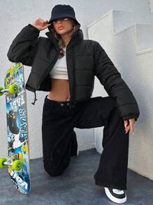 RueChic Plus Zip Up Puffer Coat - Black - View 4