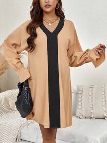 SHEIN Maternity Contrast Panel Flare Sleeve Dress - Khaki - View 7