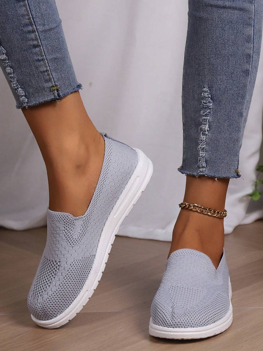 Hàng mới đến Của phụ nữ Kích thước lớn Đúng mốt Và Giải trí Giày lười Dệt kim Mùa Xuân , Mùa hè , Và Mùa thu Giày đế bệt - Xám - Xem 1