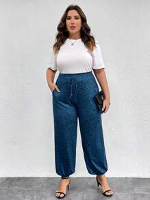 EMERY ROSE Plus Leopard Print Knot Waist Pants - Teal Blue - View 3