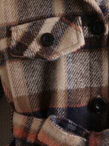 SHEIN Cô Gái Trẻ In kẻ sọc Chi tiết về Flap Thắt lưng Áo khoác Không có áo len - màu nâu - Xem 4