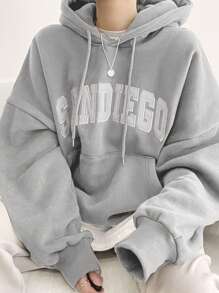 Letter Graphic Big Pocket Drop Shoulder Drawstring Hoodie,Fall Women Clothes Sweatshirt - Grey - View 4