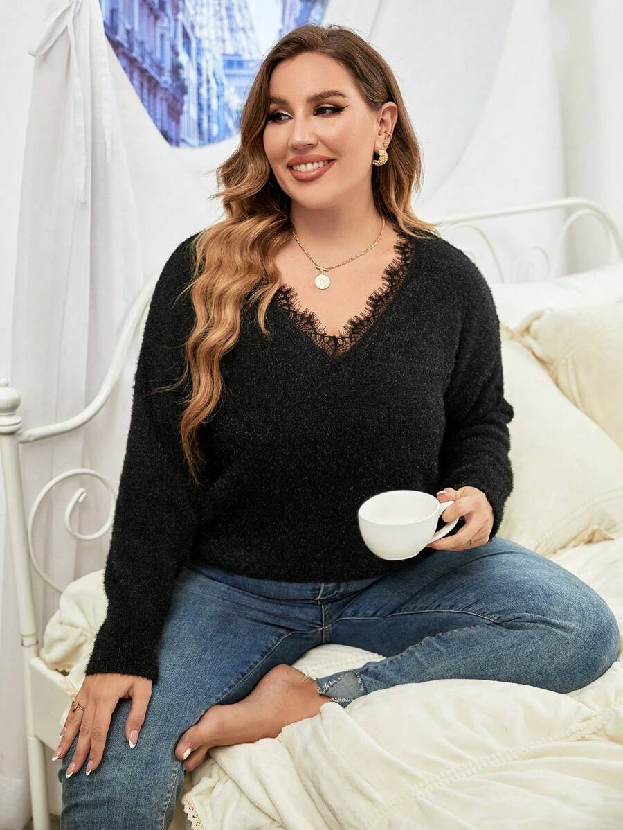 EMERY ROSE 大碼睫毛蕾絲邊落肩袖套頭毛衣 - 黑色 - 查看 1