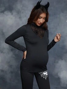 SHEIN 孕婦萬聖節蜘蛛網印花嵌入網紗小高領T恤 - 黑色 - 查看 3