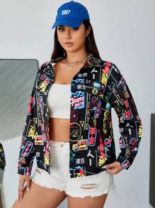 SHEIN EZwear Hơn In Vẽ bậy Thả vai Áo khoác - màu đen - Xem 1