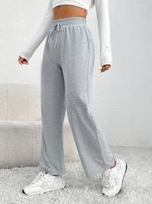 SHEIN PETITE Drawstring Waist Slant Pocket Sweatpants Graduation,Back To School Outfits,Graduation,Teacher Outfits For Women,Back To School - Grey - View 3