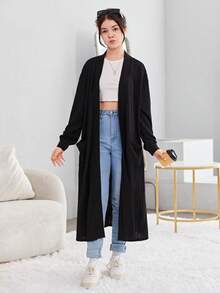 青少年女孩落肩袖開門襟外套 - 黑色 - 查看 3