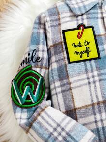 Young Boy Plaid & Letter Graphic Patched Detail Shirt - Blue and White - View 4