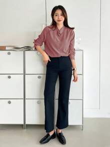 DAZY 女式纯色日常装纽扣前开襟长袖衬衫 - 西瓜粉 - 查看 3