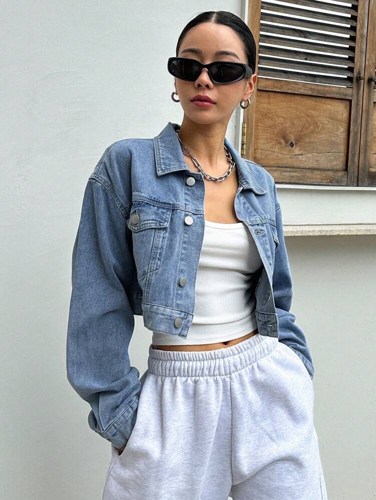 Flap Pocket Drop Shoulder Crop Denim Jacket,Fall Clothes