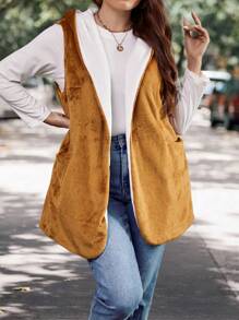 SHEIN LUNE 大碼開門襟連帽法蘭絨外套馬甲 - 彩色 - 查看 6