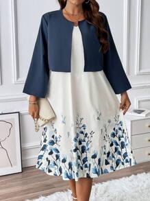 SHEIN LUNE Plus Floral Print Dress & Jacket - Multicolor - View 1