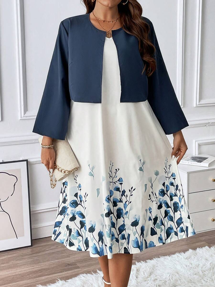 SHEIN LUNE Plus Floral Print Dress & Jacket - Multicolor - View 1