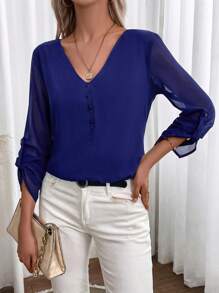 Breezaya 素色紐扣細節捲邊袖高低下擺襯衫 - 藏蓝色 - 查看 2