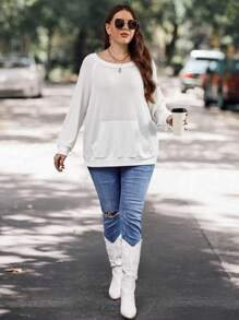 SHEIN LUNE 大碼袋鼠口袋插肩袖運動衫 - 白色 - 查看 4