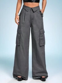 SHEIN ICON Flap Pocket Wide Leg Cargo Jeans - Grey - View 1