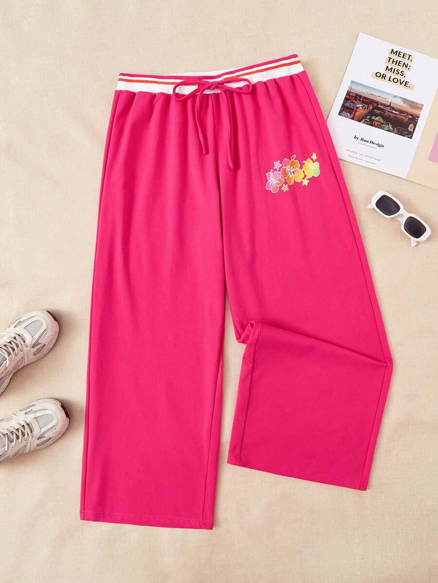 SHEIN EZwear 大碼印花腰部抽繩衛褲 - 玫紅色 - 查看 1