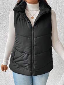 SHEIN Frenchy Plus Zip Up Hooded Vest Padded Coat, For Winter Fall Autumn - Black - View 3