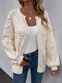 SHEIN LUNE Cárdigan de plumero con pompón detalle de manga raglán - Beis - Ver 1