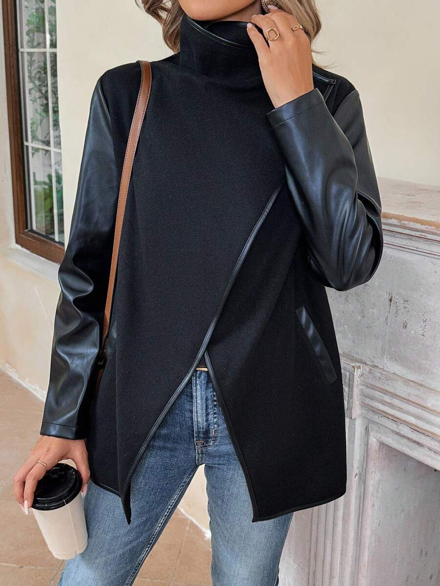 SHEIN LUNE 大翻領撞色滾邊外套 - 黑色 - 查看 1