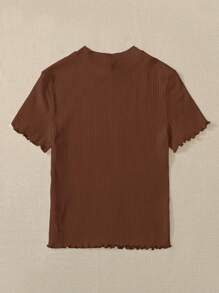 SHEIN Essnce Plus Size Women's Solid Color Round Neck Short Sleeve Ribbed Casual T-Shirt - Coffee Brown - View 2