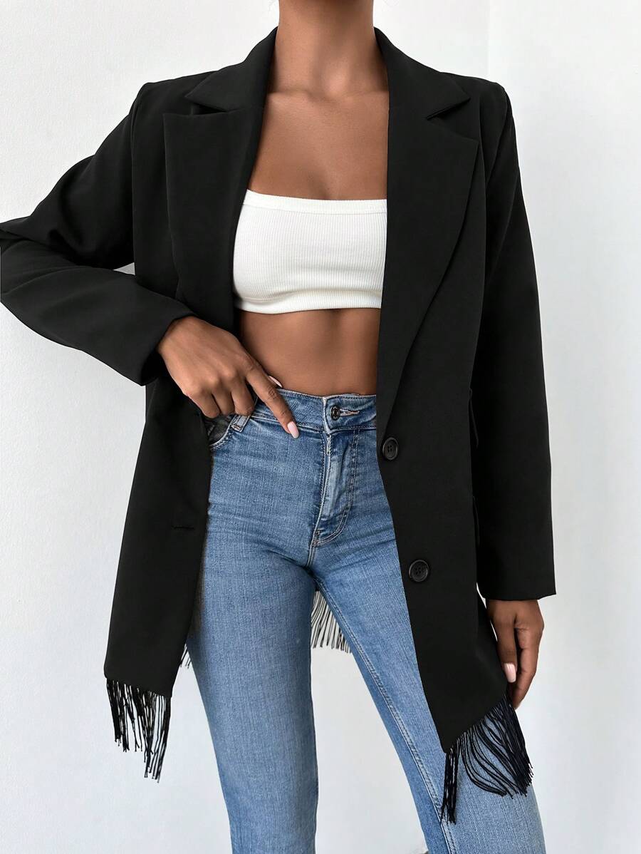 RueChic Lapel Neck Fringe Hem Button Front Blazer - Black - View 1