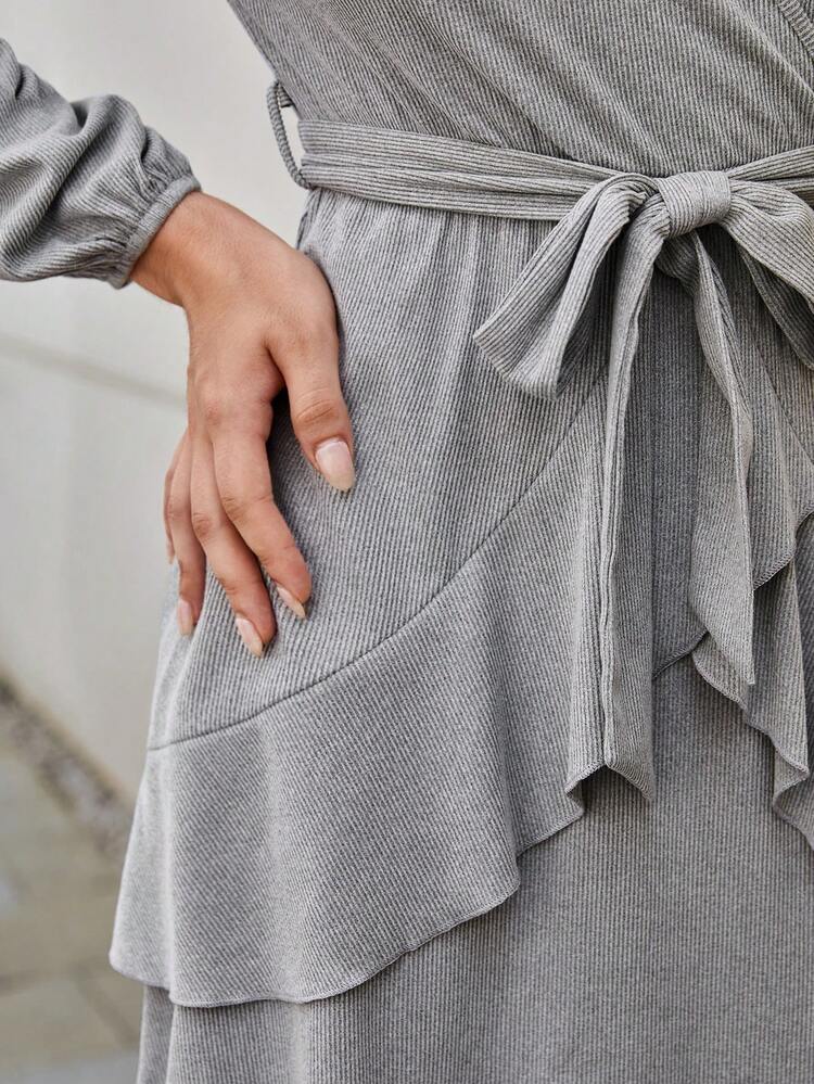 Lantern Sleeve Ruffle Trim Belted Dress Fall Cloth For Women