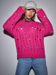 SHEIN Unity Open Knit Drop Shoulder Sweater Knit Pullover Fall Winter Outfit - Hot Pink - View 3