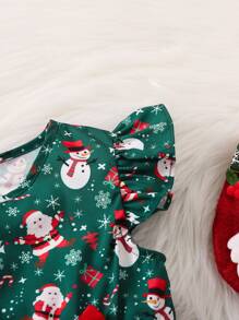 SHEIN Young Girl Christmas Print Bow Front Ruffle Trim Dress - Green - View 6