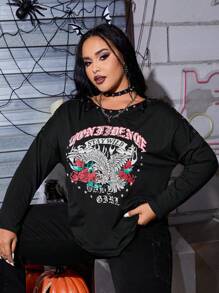 SHEIN Coolane 大碼鷹和字母圖案落肩袖T恤 - 黑色 - 查看 1