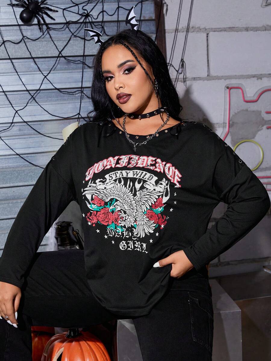 SHEIN Coolane 大碼鷹和字母圖案落肩袖T恤 - 黑色 - 查看 1