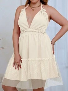 SHEIN Clasi Talla grande Vestido halter de malla en contraste bajo con fruncido de espalda abierta con cordón - Albaricoque - Ver 4
