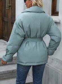 SHEIN LUNE Flap Pocket Drop Shoulder Belted Padded Padded Coat Clothes Winter - Army Green - View 2
