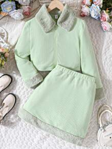 SHEIN Tween Girl Borg Collar Zip Up Jacket & Skirt - Mint Green - View 1