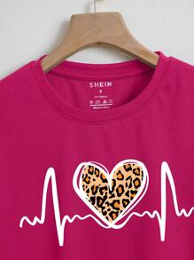 INAWLY Heart And Leopard Print Crop Tee Graphic Cheetah Print Tees Women Tops - Hot Pink - View 3