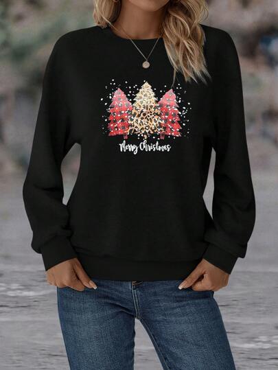 SHEIN LUNE Christmas Tree & Slogan Graphic Drop Shoulder Sweatshirt Pullover Fall Sweatshirt