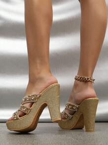 Sandalias de tacón alto elegantes y sexys con plataforma alta, decoradas con cristales de imitación de plata y perlas falsas, para mujer, de moda para primavera/verano - Dorado - Ver 4