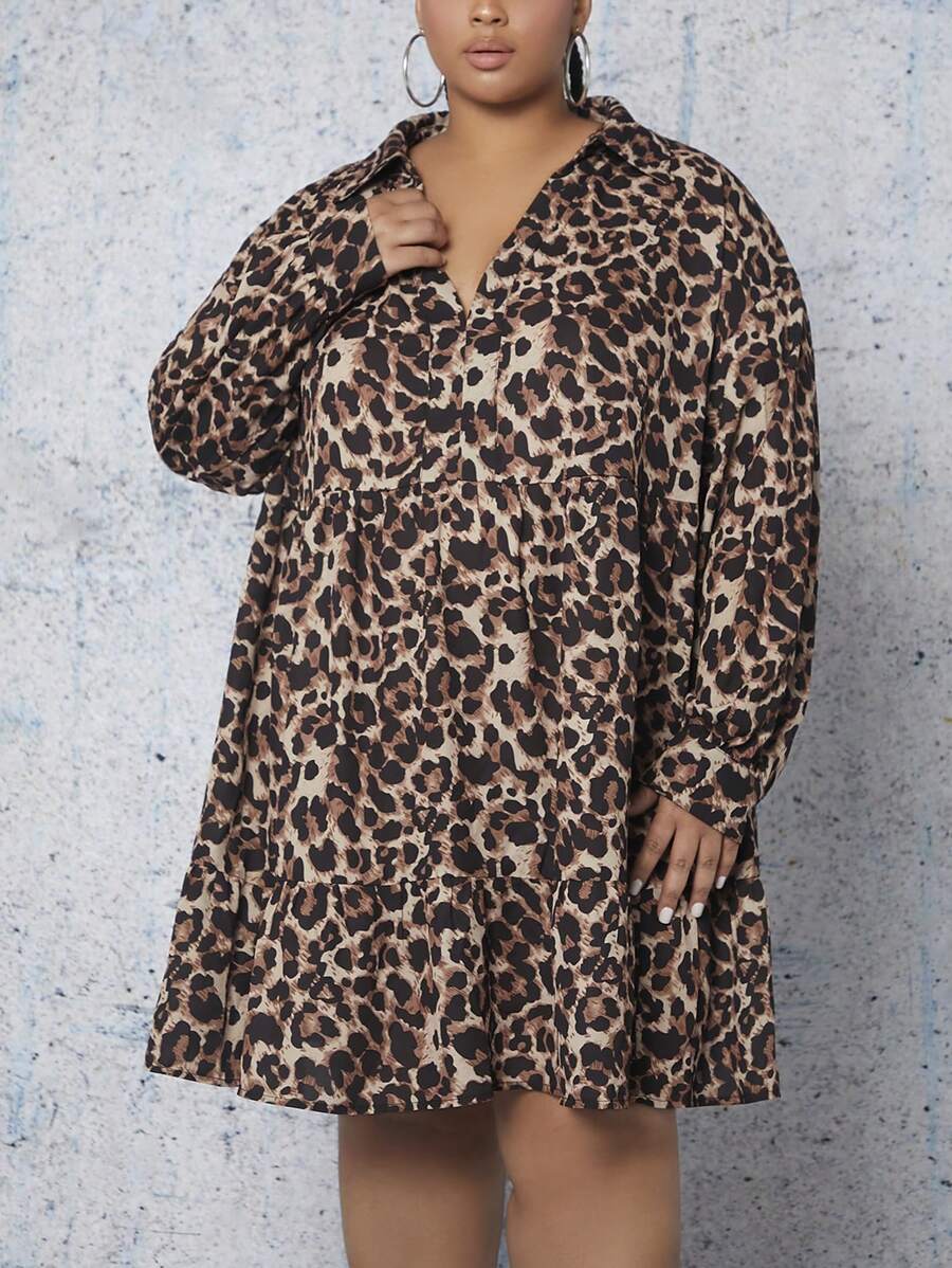 SHEIN CURVE+ Talla grande Vestido smock con estampado de leopardo de hombros caídos - Multicolor - Ver 1