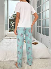 Cartoon Elephant Graphic Tee & Pants PJ Set / Pajama Set - Multicolor - View 2