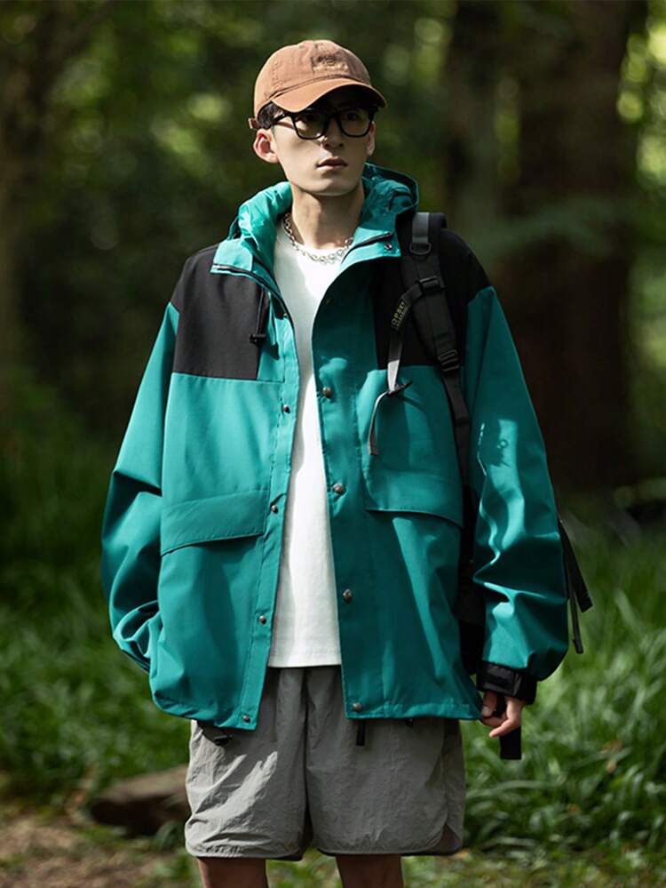 Boyfriend Style Men Colorblock Drop Shoulder Drawstring Hooded Sports Jacket Workout Tops