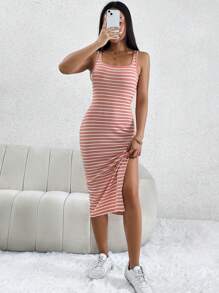 SHEIN PETITE Sọc Tách đùi Váy Dây - Hồng - Xem 6