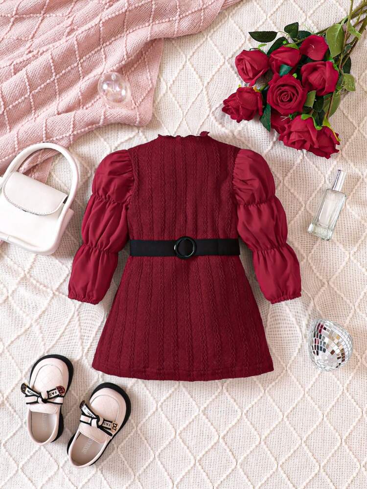 Baby Girl Solid Gather Sleeve Belted Dress