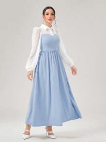 Modelyn Colorblock Long Lantern Sleeve 2 In 1 Modest Dress - Blue and White - View 1