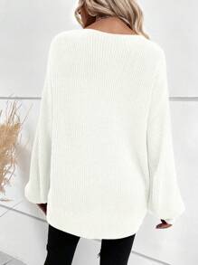 SHEIN LUNE 素色落肩袖下擺開叉套頭毛衣 - 白色 - 查看 2